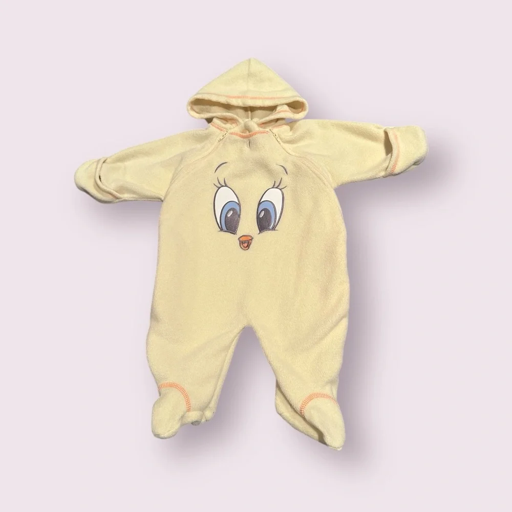 Vintage Warner Bros. Baby Looney Tunes Tweety Bird Pale Yellow Fleece One Piece
